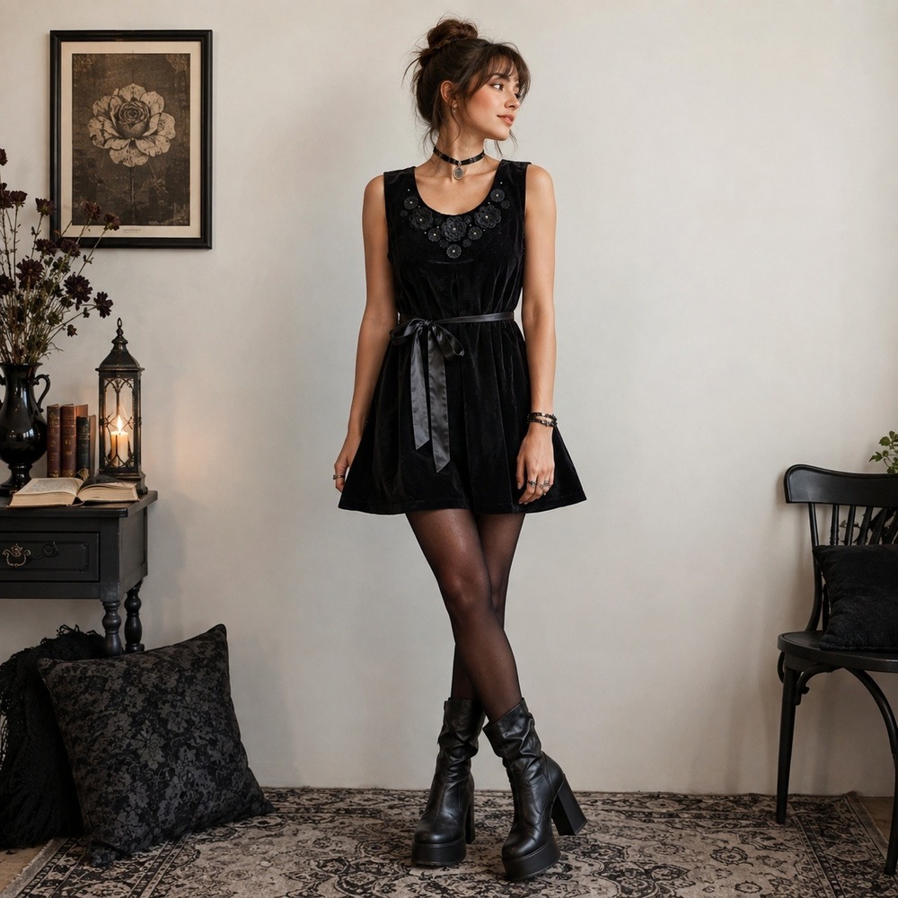 Vintage Y2K Lithe Velvet Dress Black Floral Applique Sequin Anthro Size 8